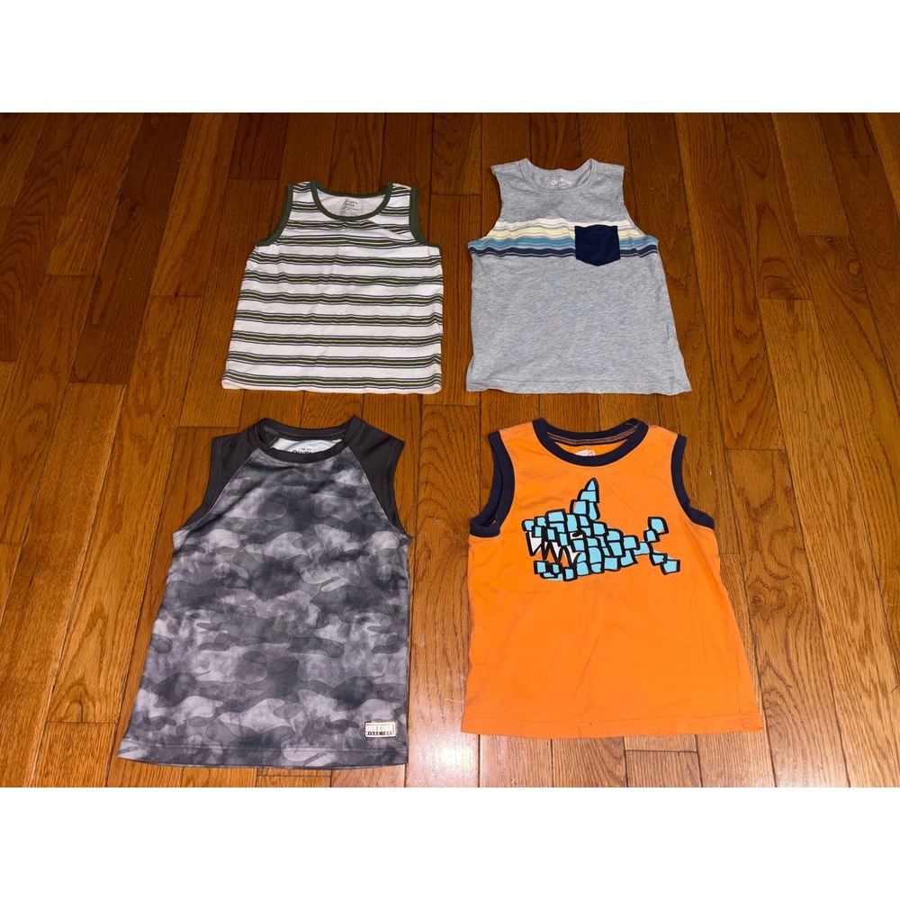 OshKosh Carters Crazy 8 Boys Tank Top Lot 4T 4 Camo Shark Striped 4 Pack
